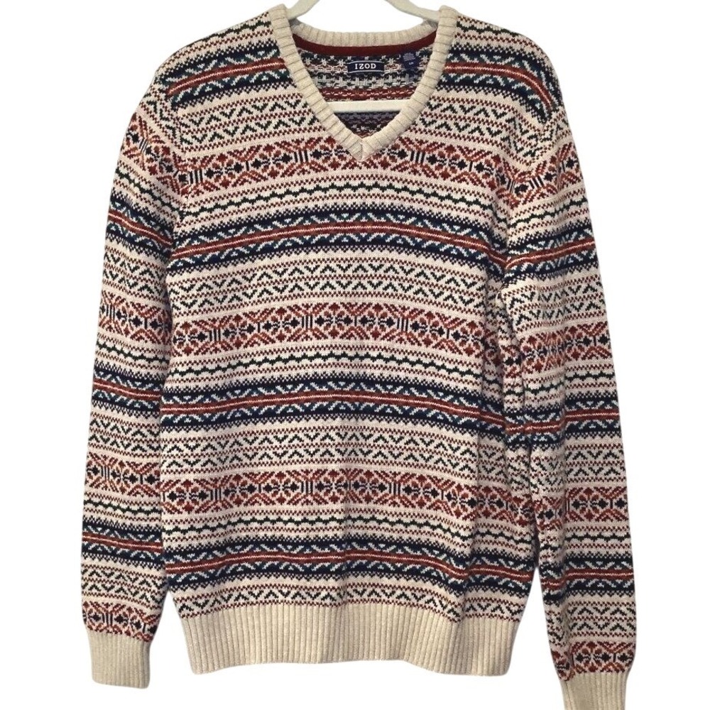IZOD Mens Fair Isle V-Neck Sweater Large Cotton Multi‎ Color Knit